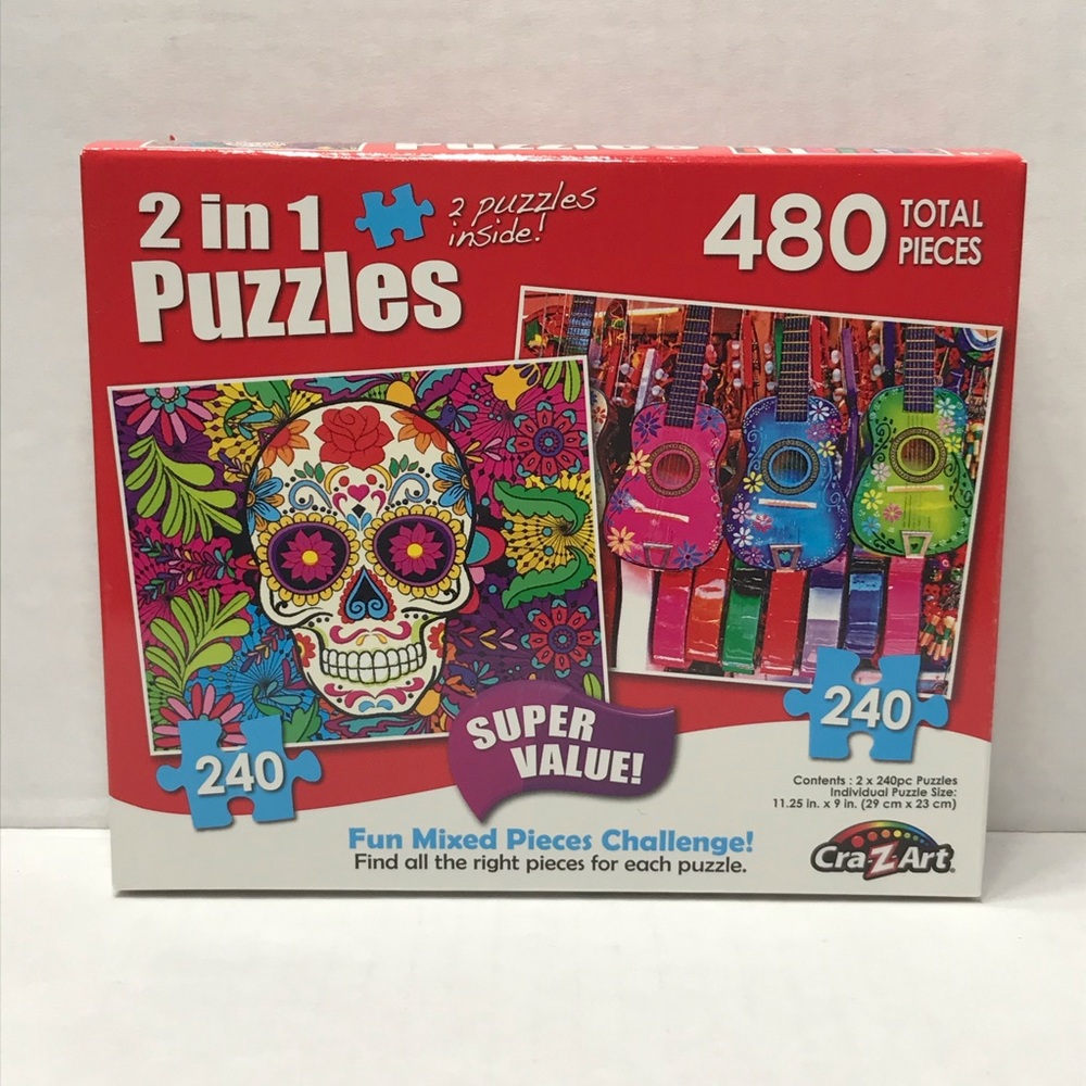 🌸$4🌸 2-in1 puzzles 2x240 pieces Sugar Skull & Colorful Ukuleles 11.25” x 9”